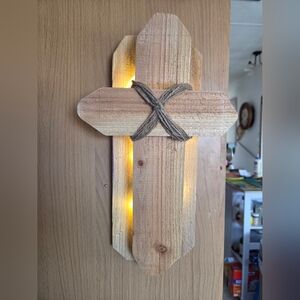 3 D Rustc Wooden Cross Wall Light with Twine Accent Hand Made 9x15